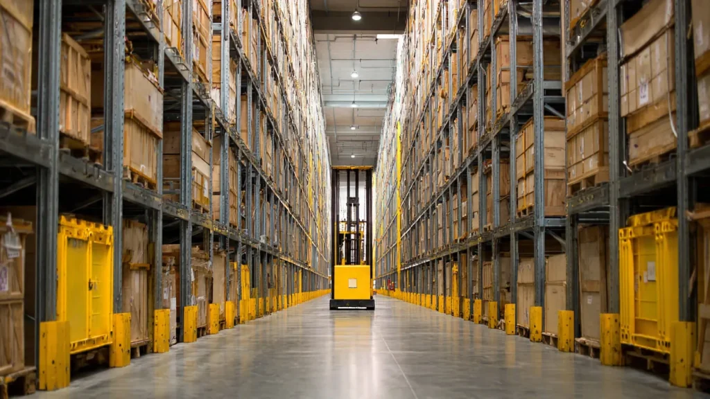 Large warehouse for furniture storage dubai with forklift. Showing why self storage is essential
