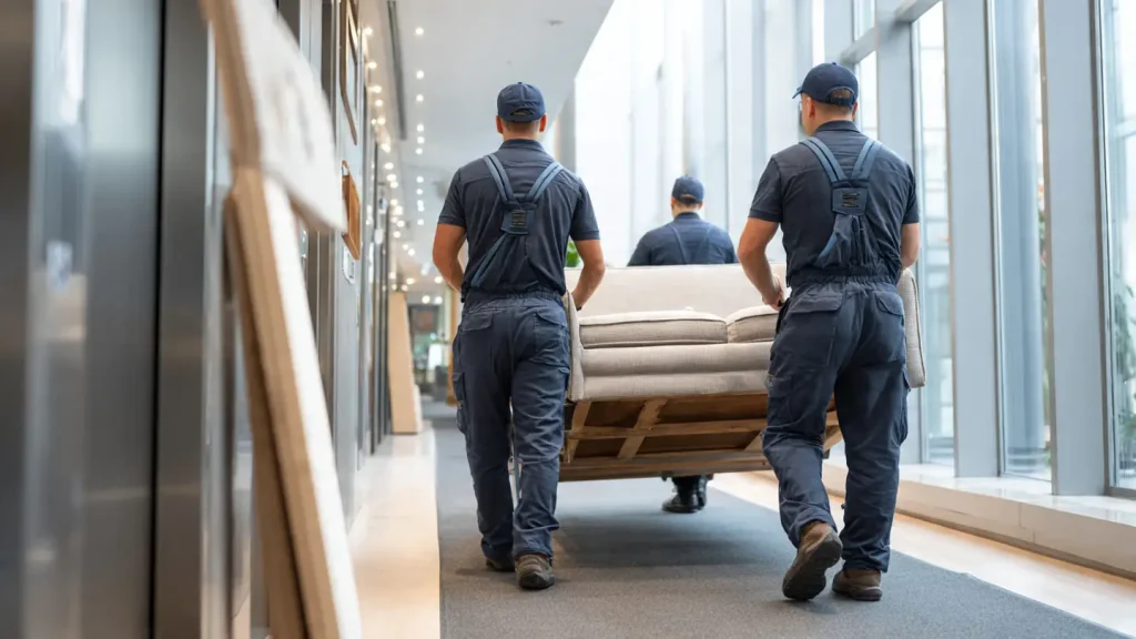 Two uniformed movers of a  Trustworthy Moving Company in Dubai  carefully carrying a large sofa through a modern building corridor. 