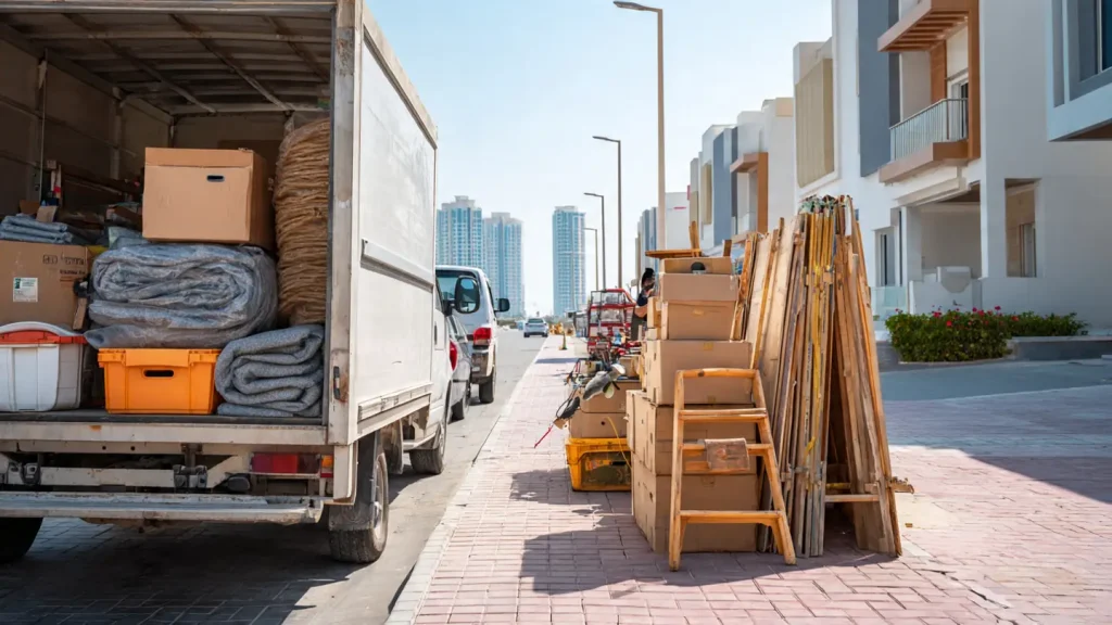 A moving truck and stacked boxes on a residential street with modern villas in Dubai.