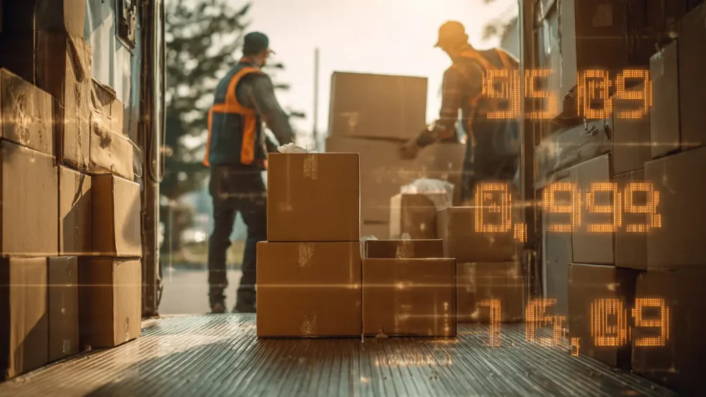 Movers loading boxes into a truck with a digital data overlay in Dubai showing when you Need Moving and Storage Services in Dubai