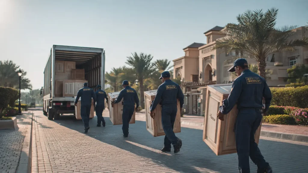 Movers carrying secure wooden crates at a luxury residential villa in Dubai.
