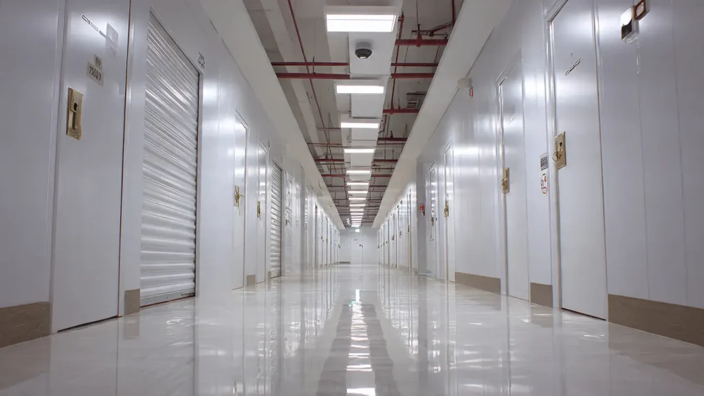 Modern hallway of clean, white self-storage units in a Dubai facility.