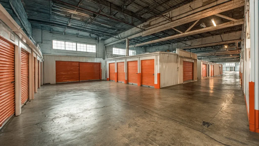 A wide view of a clean, spacious indoor facility with orange roll-up doors, representing the choice between monthly storage vs yearly storage contracts in UAE.