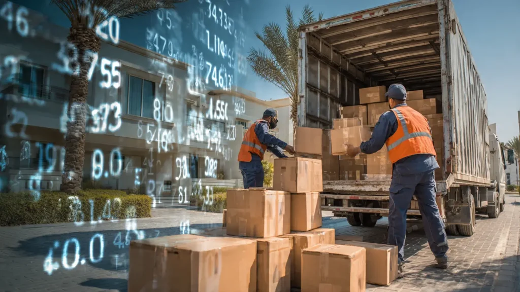 Movers loading a truck with a digital data overlay for moving cost comparison. showing moving services cost in Dubai