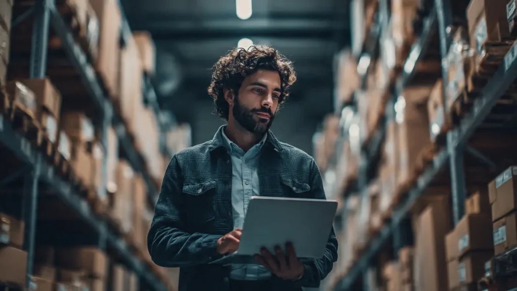 A professional managing inventory on a laptop in a warehouse aisle, evaluating whether monthly storage vs yearly storage contracts in UAE offer better value for his needs.