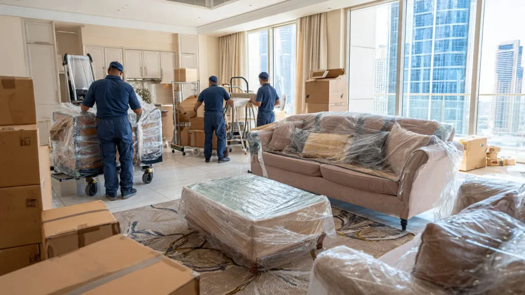 Professional movers packing a home to store furniture before leaving the dubai from a high-rise