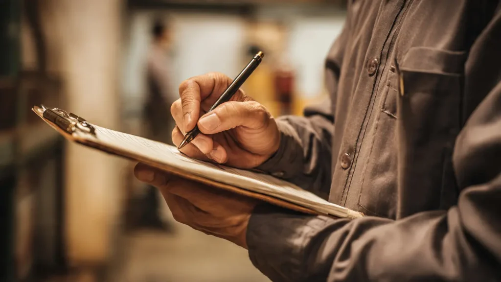 Close-up of a person in a work shirt writing on a clipboard checklist while inspecting a storage solutions warehouse.