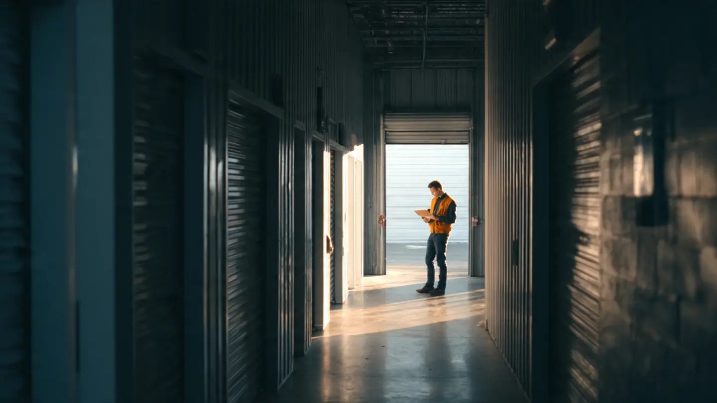 A long corridor of a professional storage solutions facility with several secure roll-up doors and a staff member in a safety vest performing an inventory check.