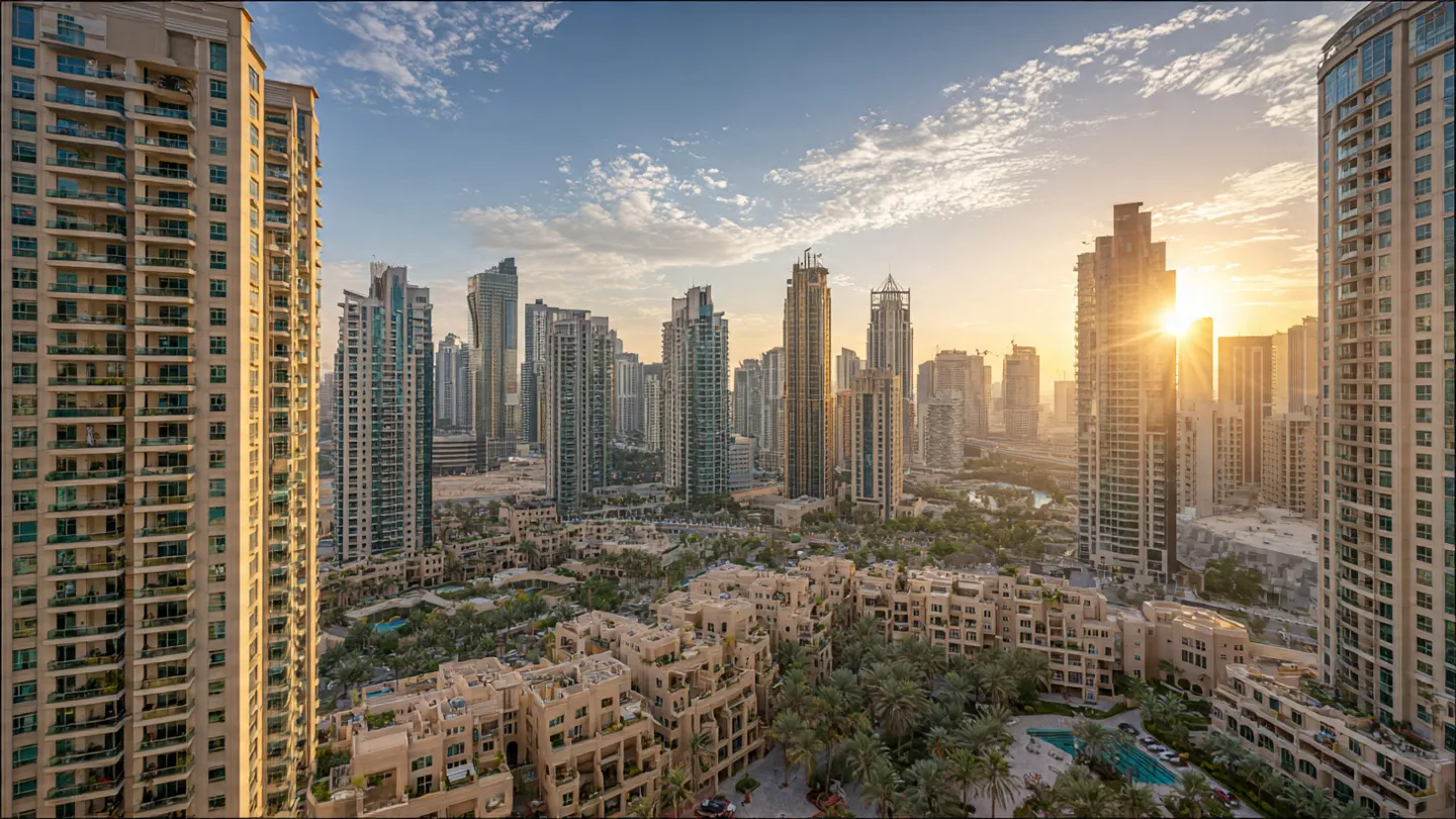 A panoramic sunset view of modern high-rise apartments and skyscrapers, illustrating the urban density that makes smart storage Dubai essential for residents.