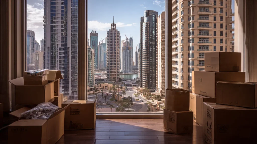 Cardboard moving boxes stacked in a bright apartment overlooking the JLT skyline, highlighting how smart storage Dubai helps manage space during home transitions.