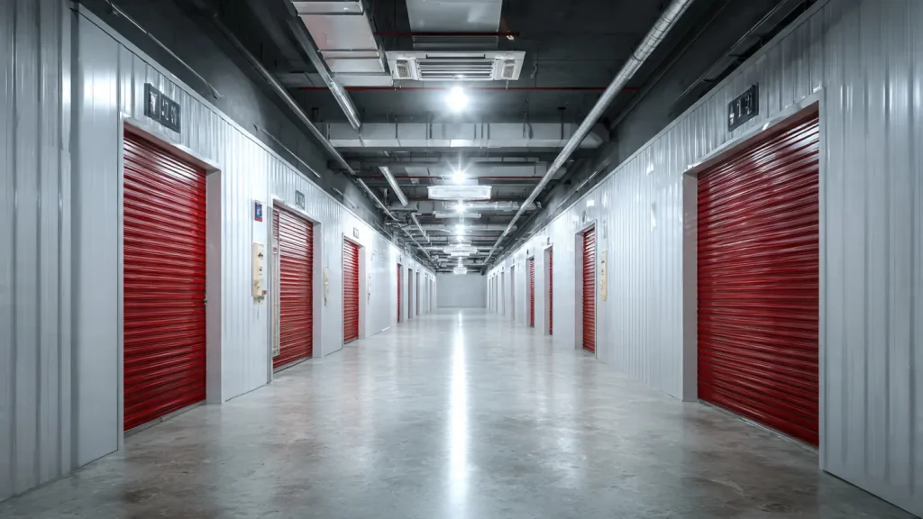 A clean, well-lit, and climate-controlled hallway of a professional facility with red roll-up doors, showcasing a premium smart storage Dubai solution.